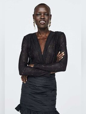 Zara black lace bodysuit with long sleeves